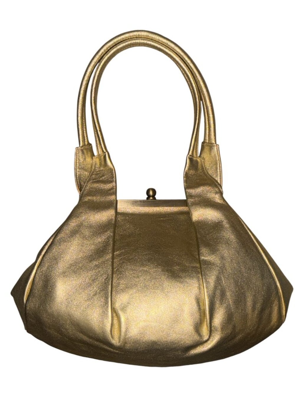VTG HOBO Blanche Satchel Gold Metallic Leather Fortune Cookie Frame Clasp Lock - Picture 4 of 10